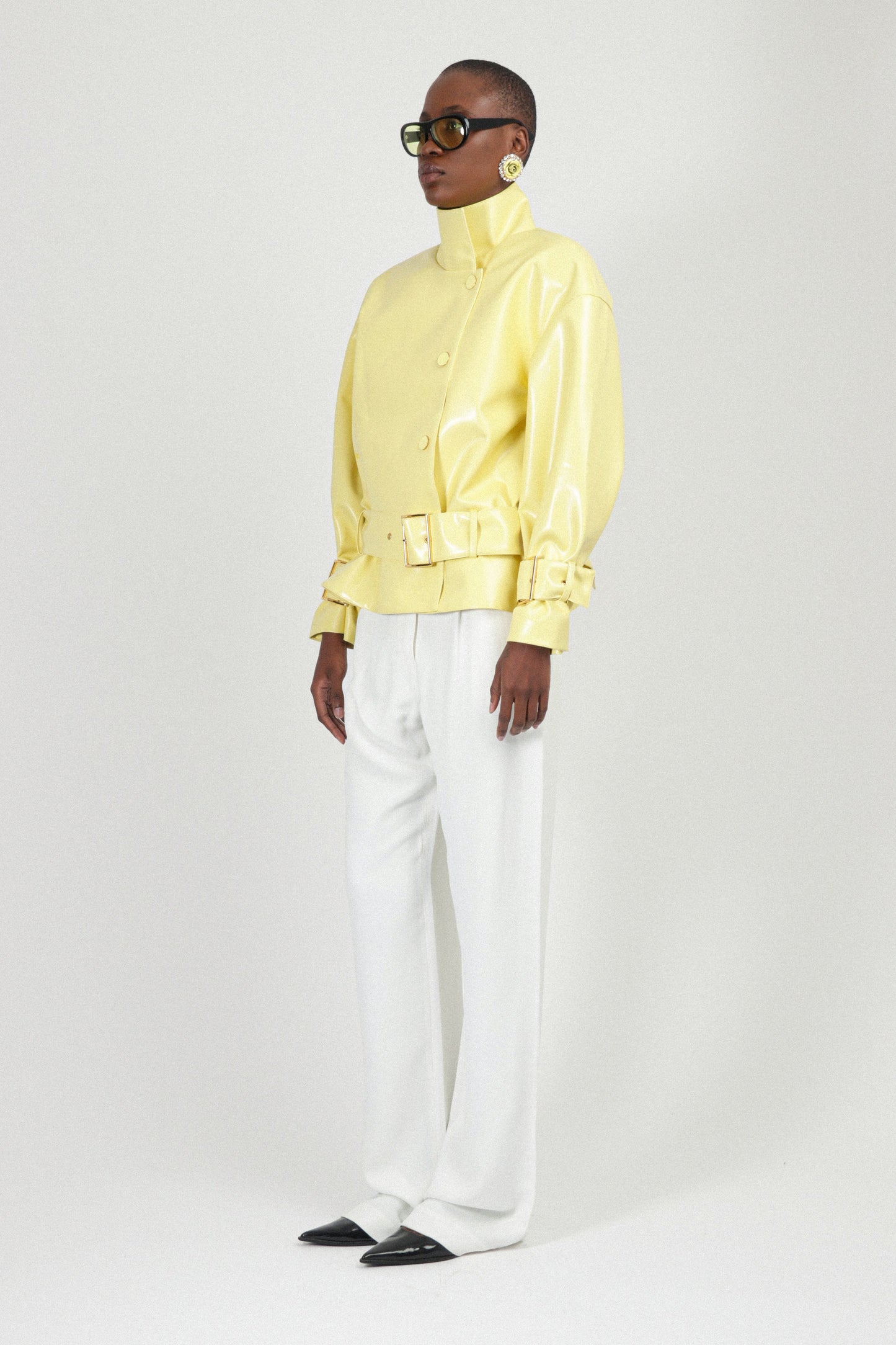 Yellow Patent Leather Belted Jacket
