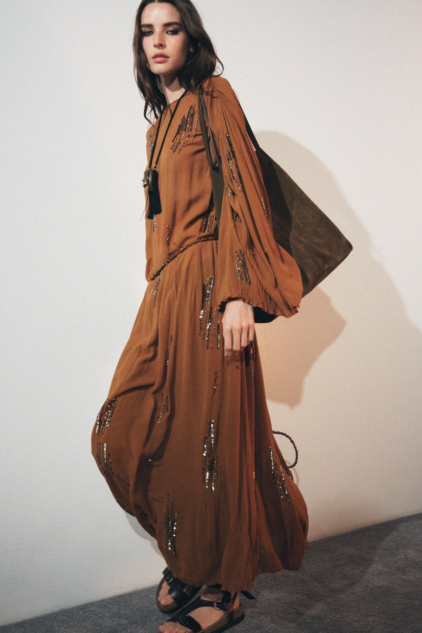 Brown Embellished Kimono - Style Maxi Dress