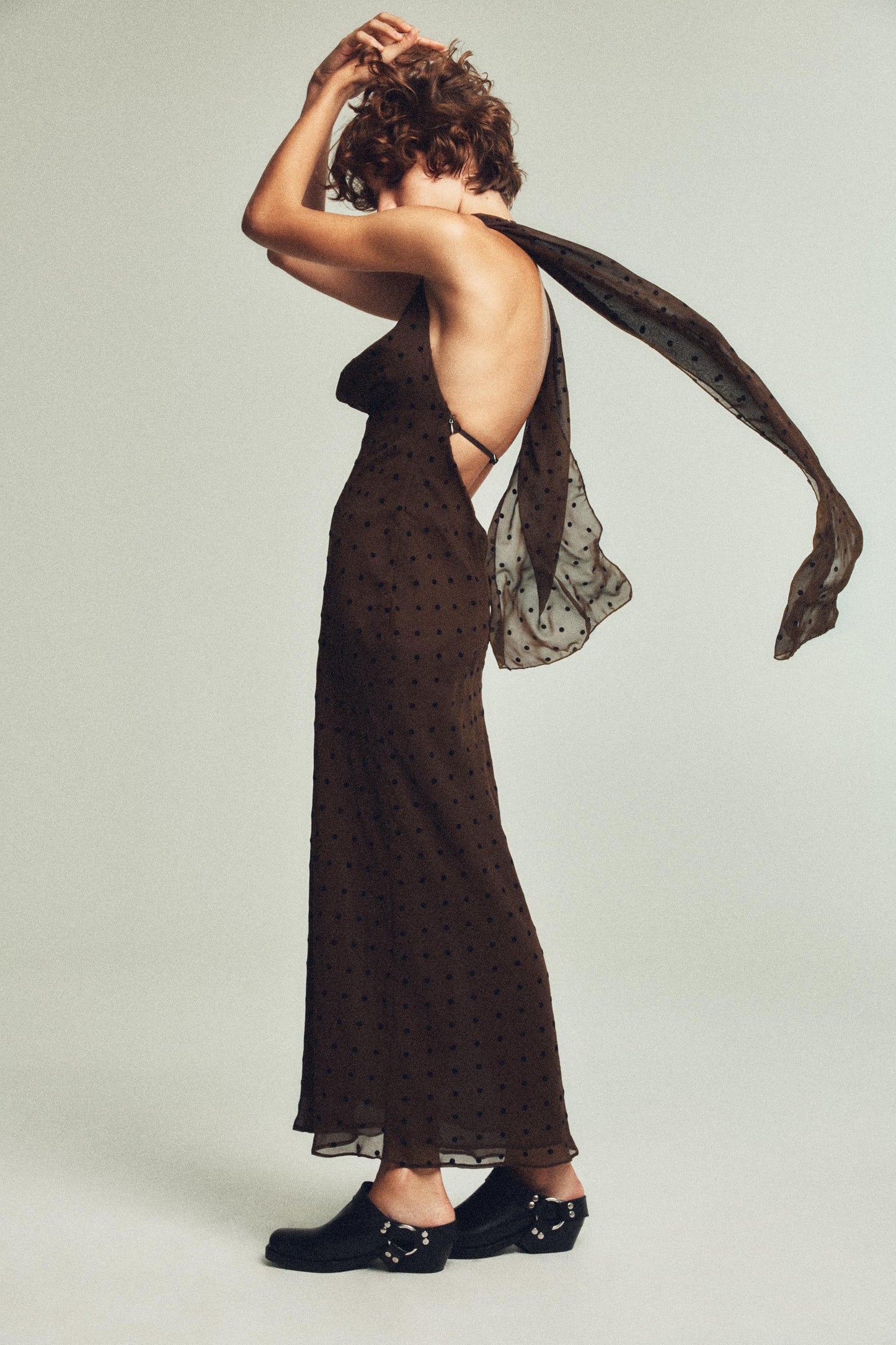 Brown Polka Dot Halter Maxi Dress with Scarf Detail