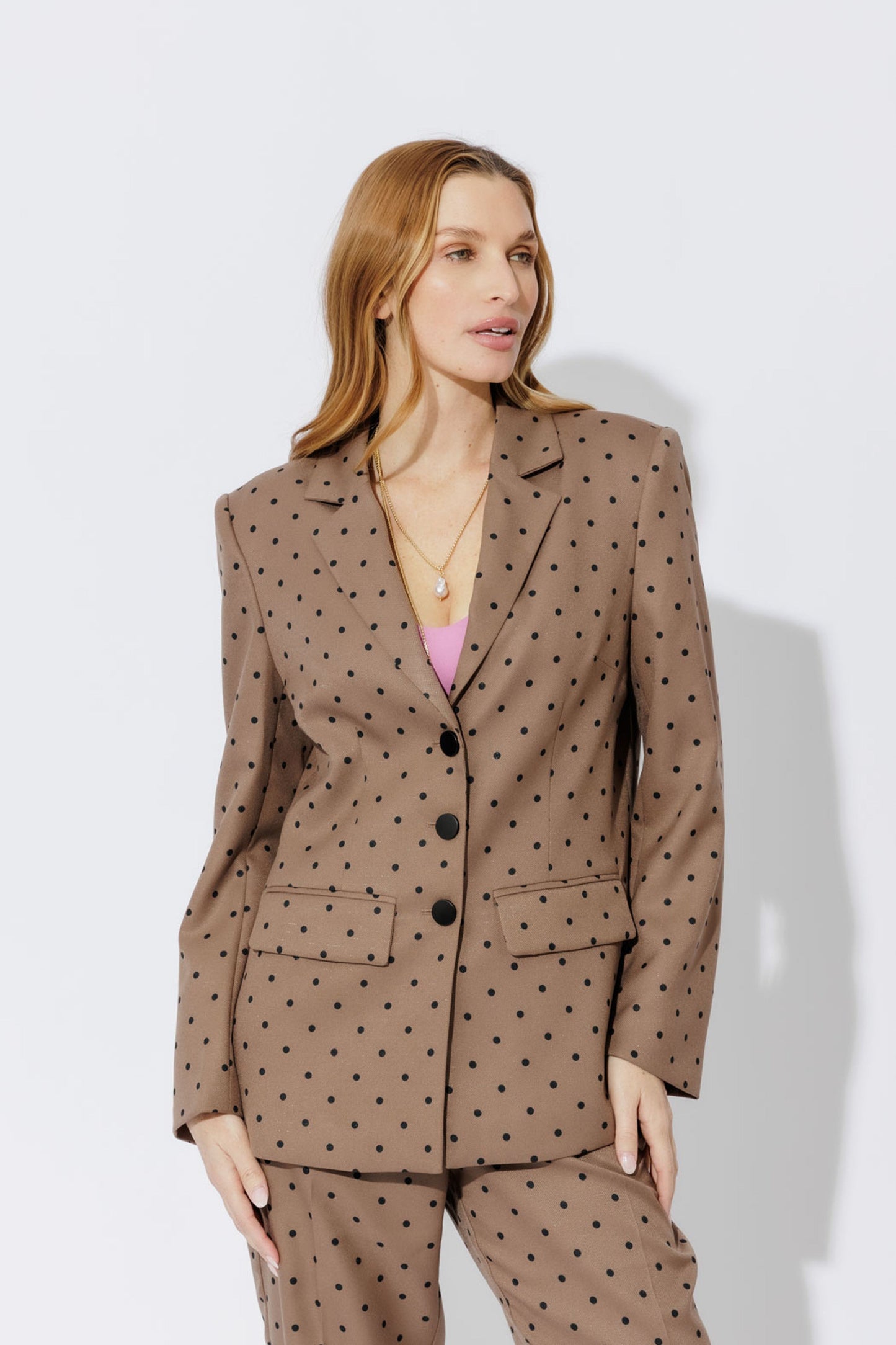 Brown Polka Dot Blazer and Pants Suit Set