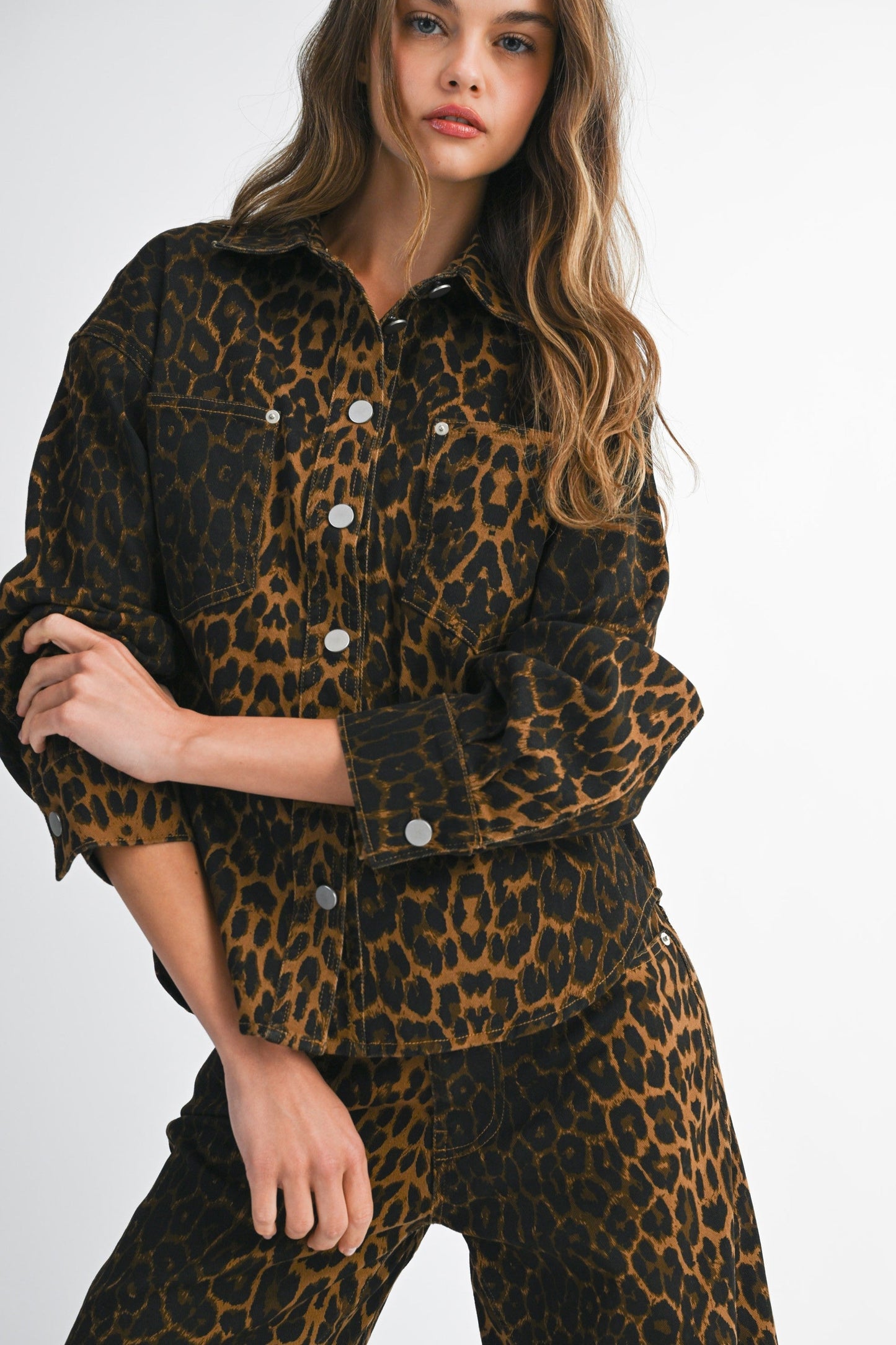Leopard Print Denim Jacket and Wide - Leg Pants Set