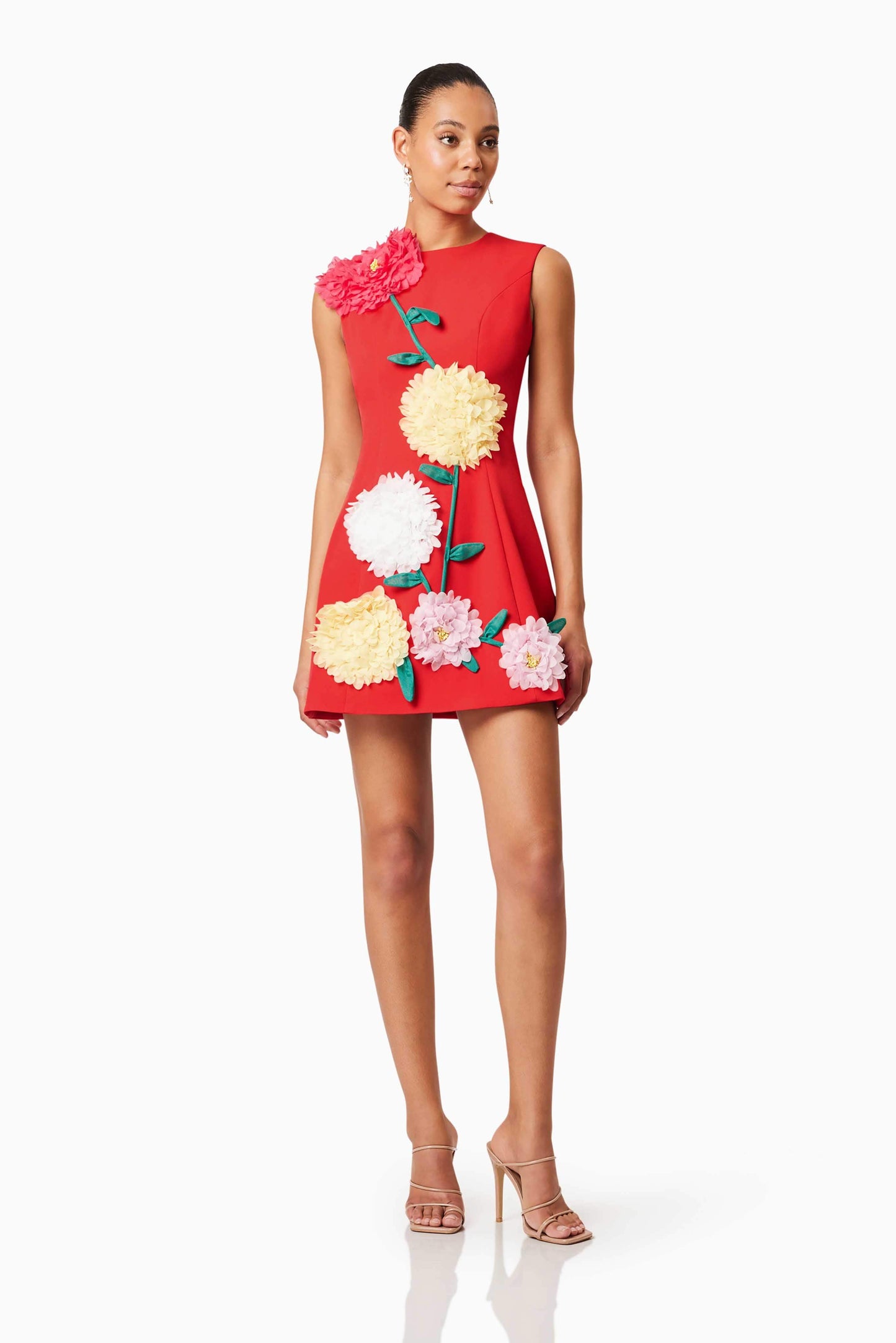 Red Sleeveless Mini Dress with 3D Floral Appliqués