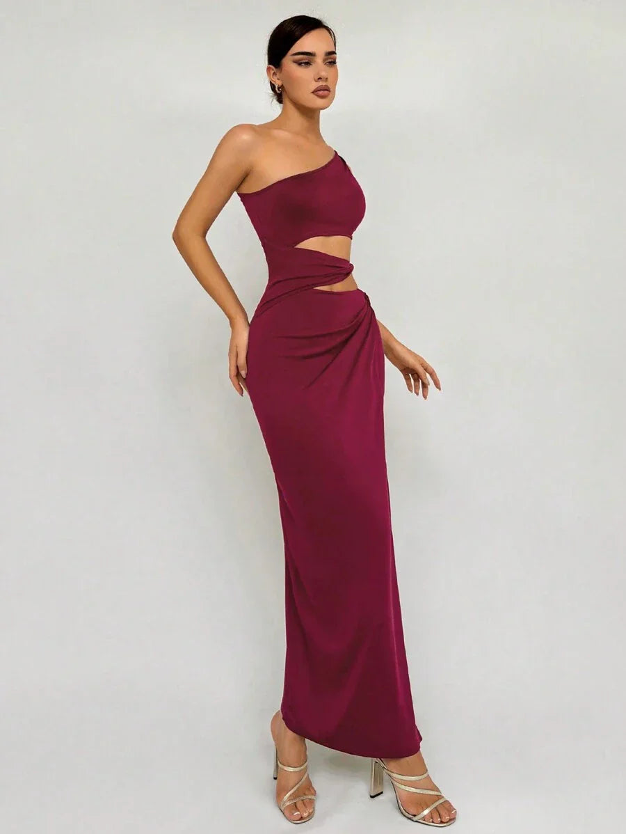 Burgundy One - Shoulder Cut - Out Maxi Dress