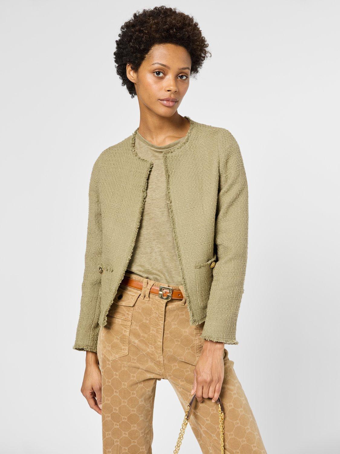 Olive Green Tweed Fringe Trim Jacket