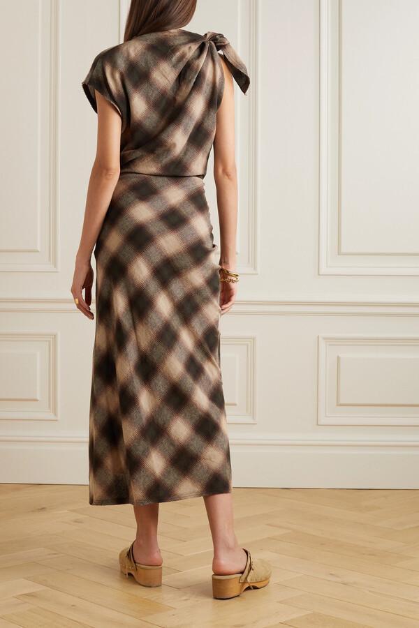 Plaid Draped Midi Dress with Side Slit