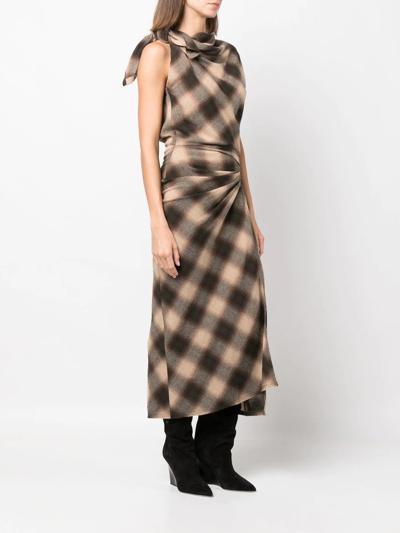 Plaid Draped Midi Dress with Side Slit