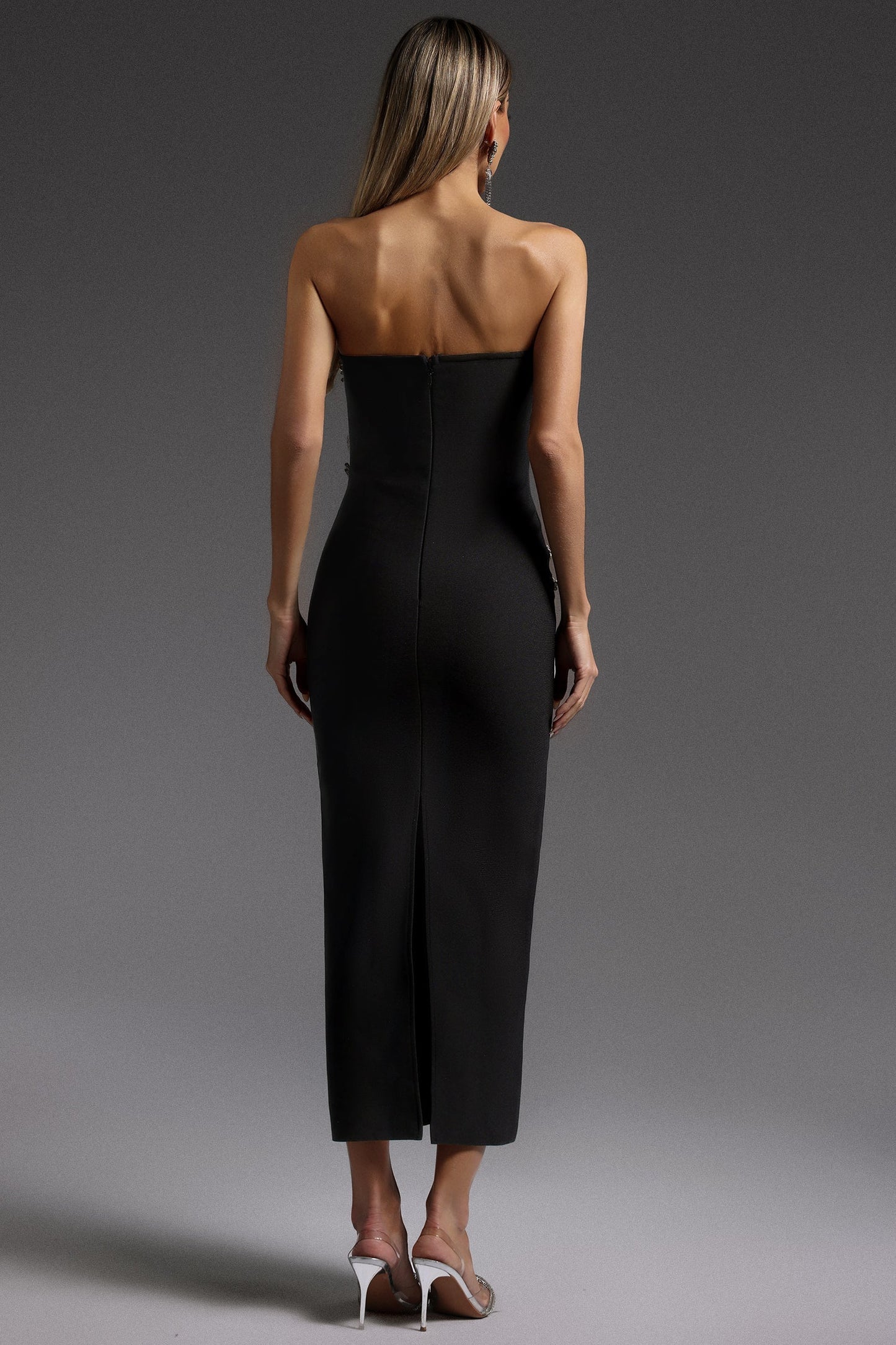 Black Strapless Midi Dress with Silver Rhinestone Details