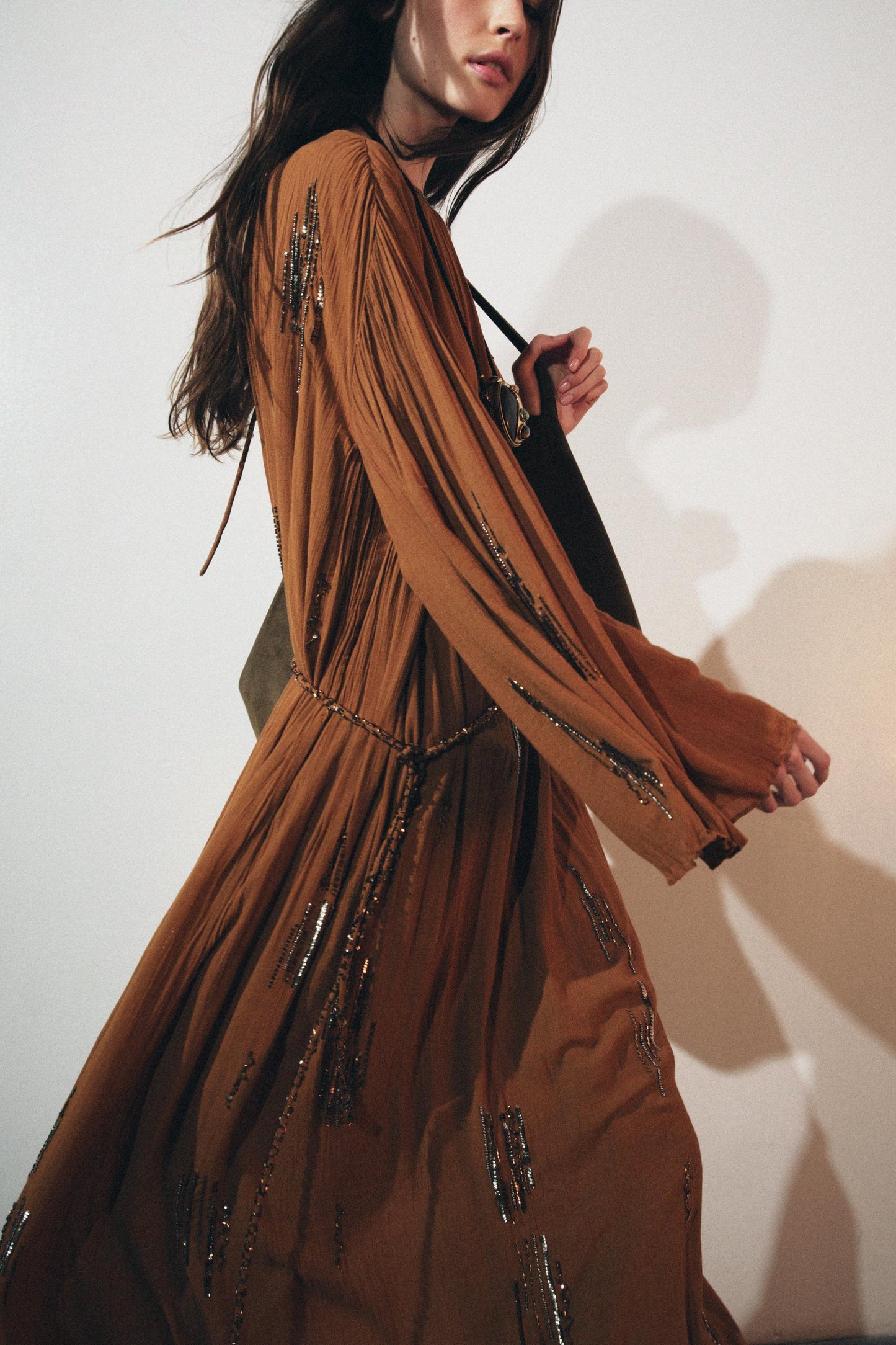 Brown Embellished Kimono - Style Maxi Dress
