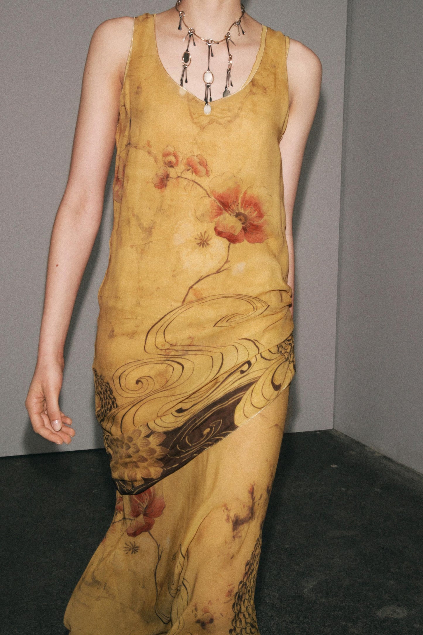 Yellow Floral Print Sleeveless Maxi Dress