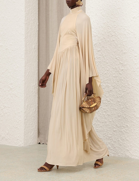 Beige Cape - Sleeve High - Neck Maxi Dress