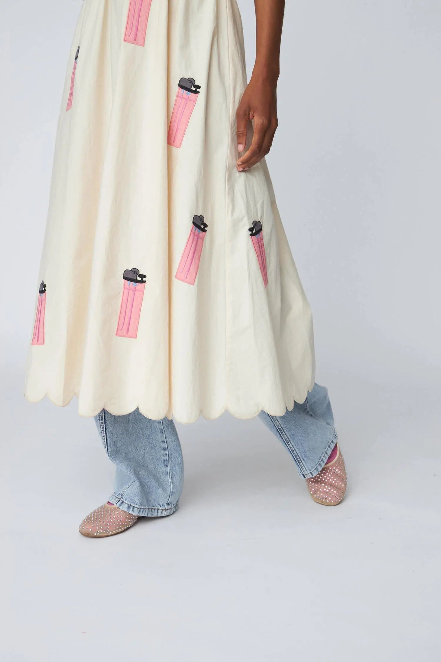 Cream Scalloped Edge Dress with Pink Patches