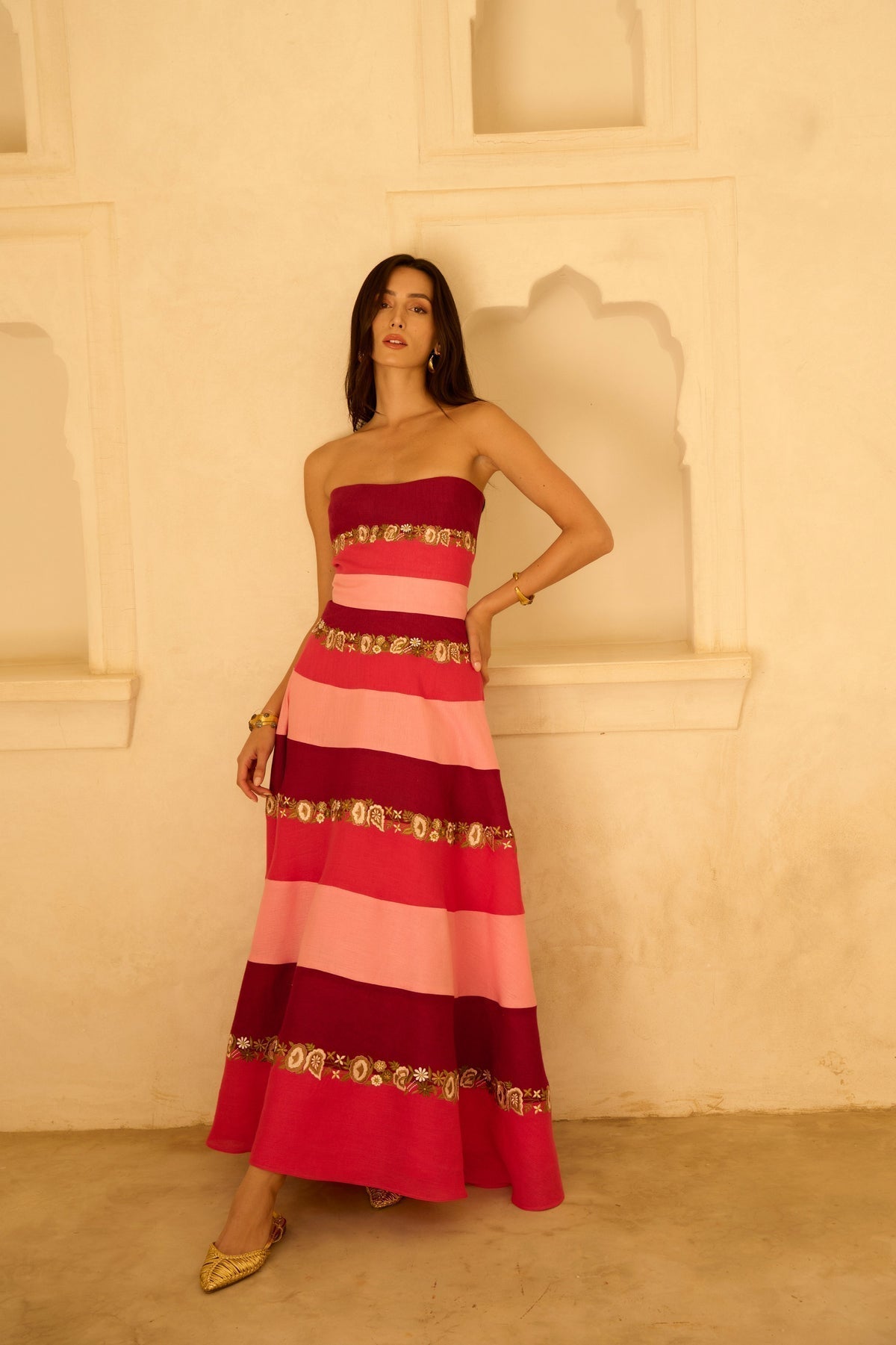 Pink & Red Striped Strapless Maxi Dress with Gold Trim