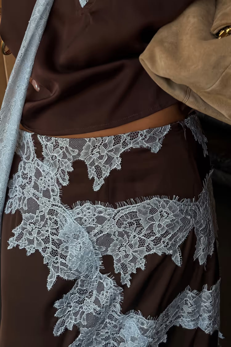 Chocolate Brown Maxi Dress with Light Blue Lace Detailing