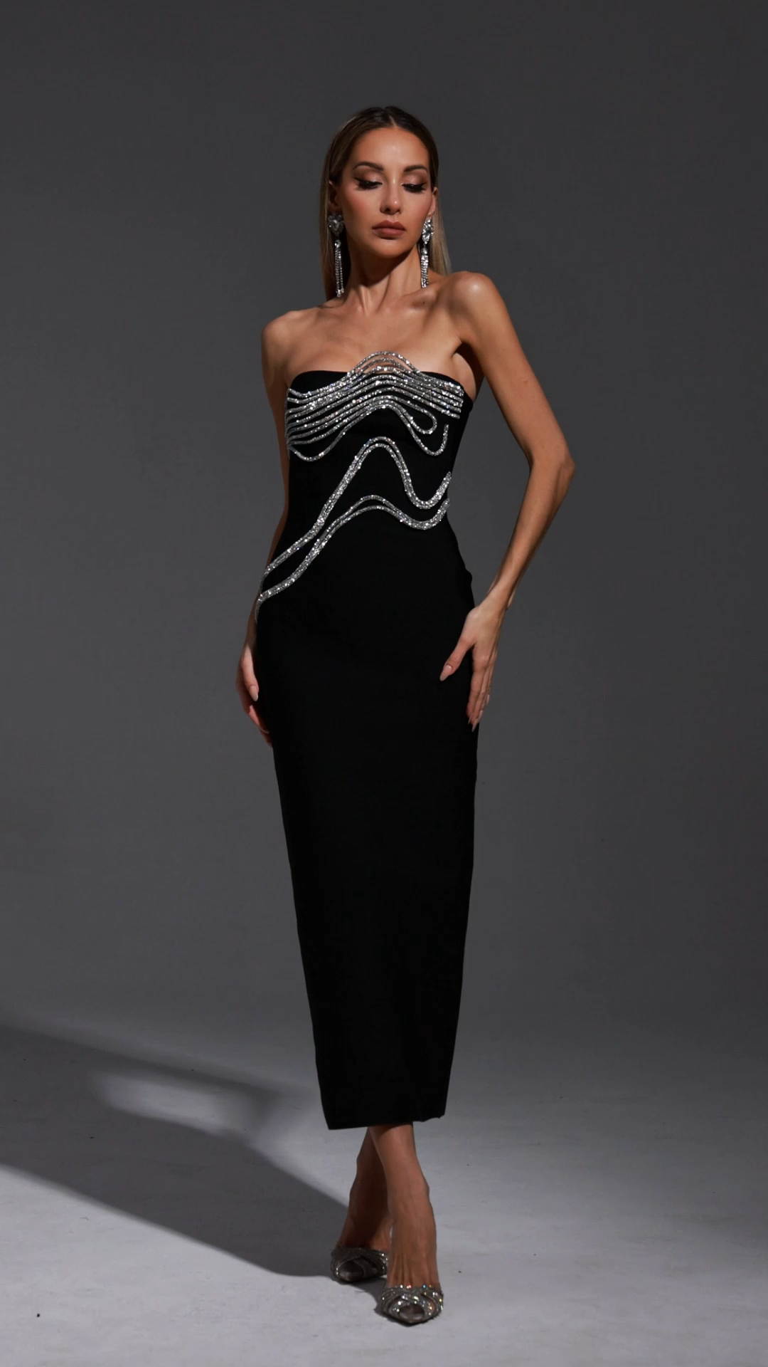 Black Strapless Midi Dress with Silver Rhinestone Details