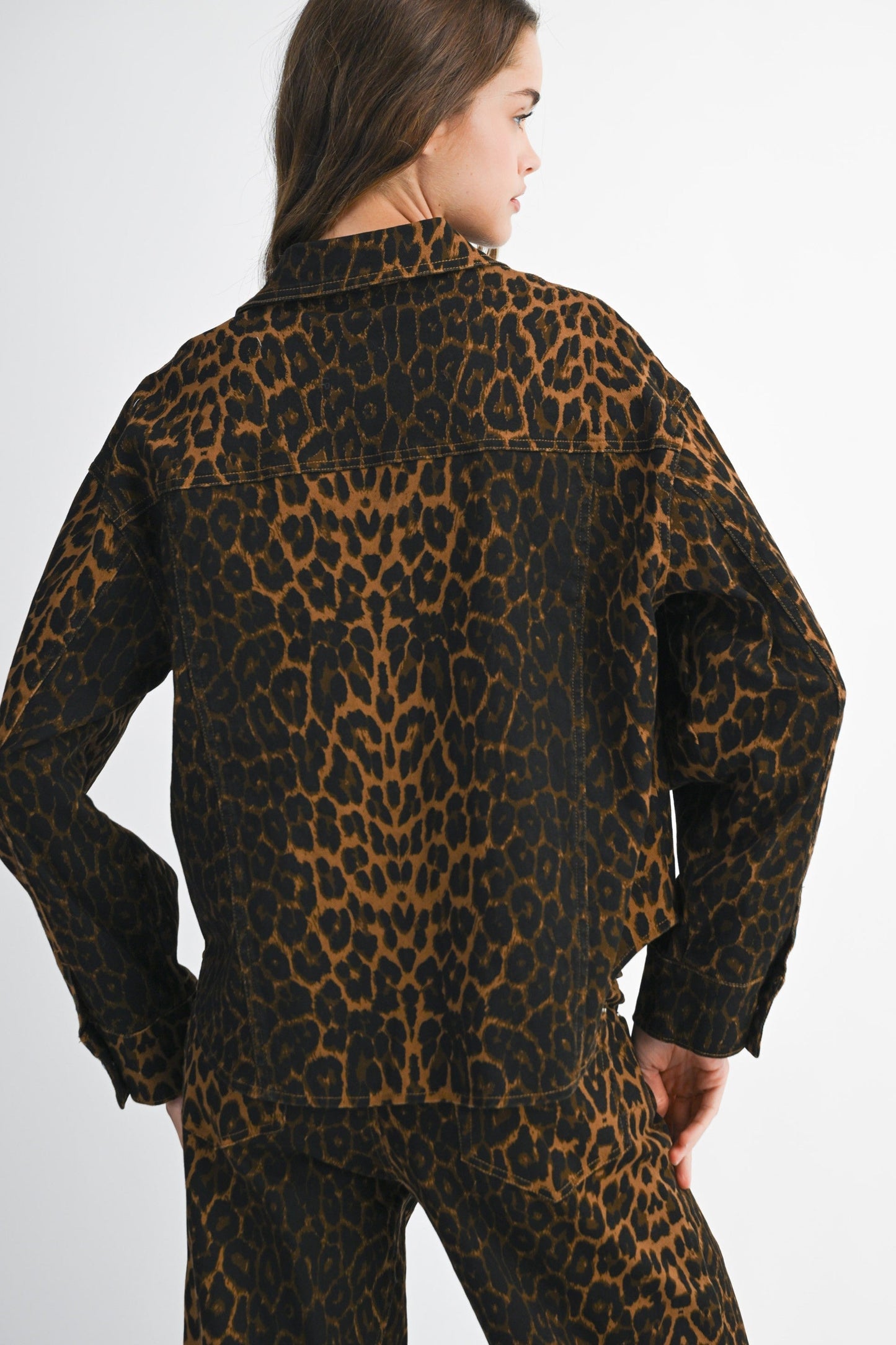 Leopard Print Denim Jacket and Wide - Leg Pants Set