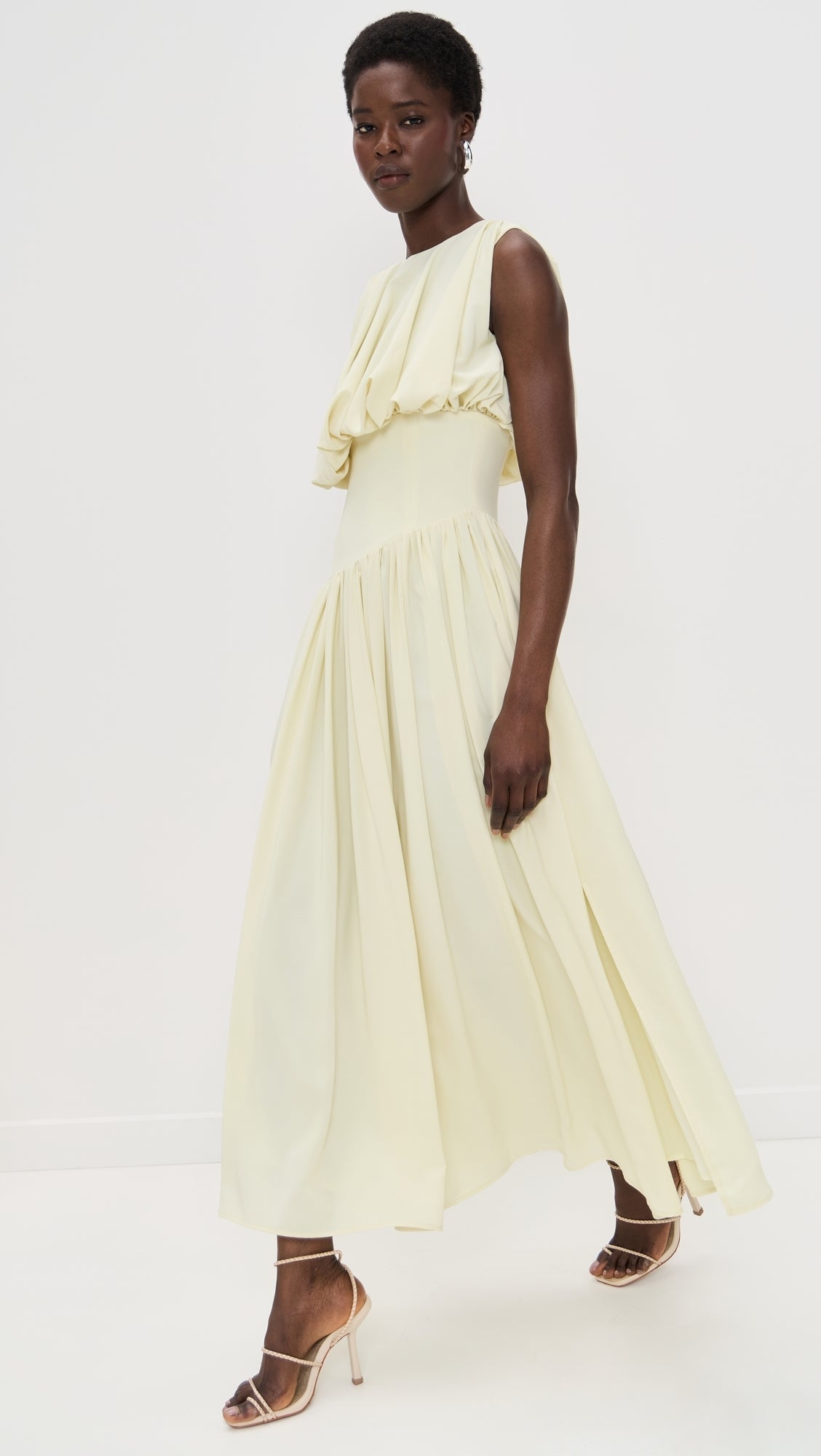 Pale Yellow Sleeveless Ruffled Maxi Dress