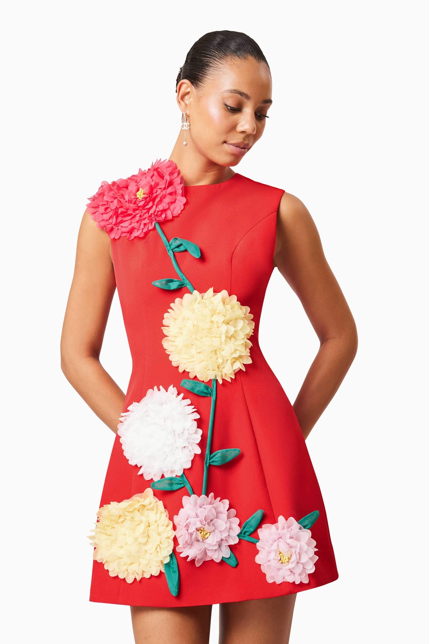 Red Sleeveless Mini Dress with 3D Floral Appliqués