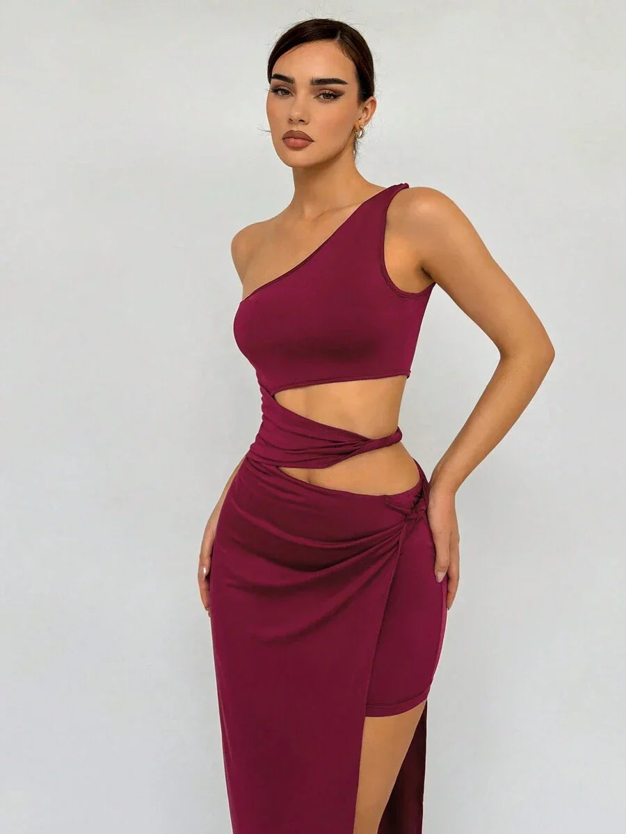 Burgundy One - Shoulder Cut - Out Maxi Dress