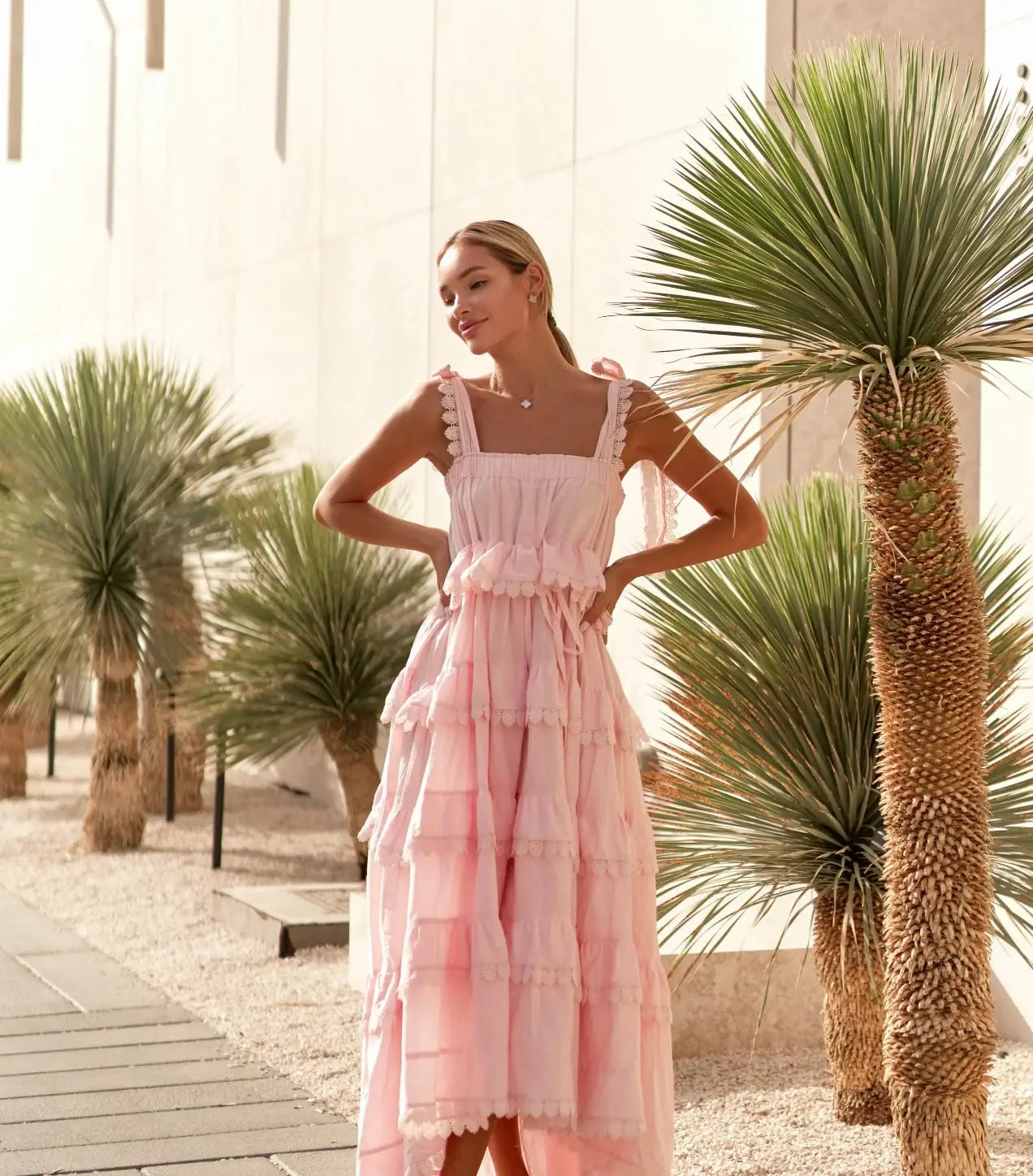 Pink Tiered Ruffle Maxi Dress with Bow - Strap Detail