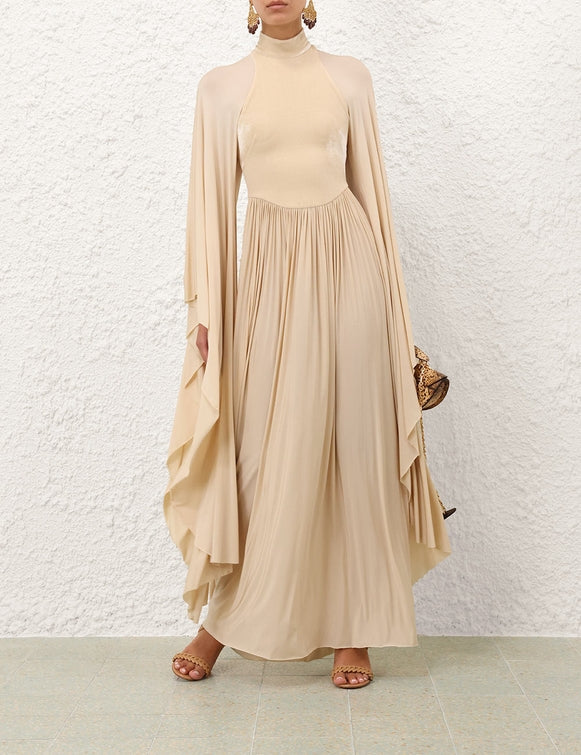 Beige Cape - Sleeve High - Neck Maxi Dress