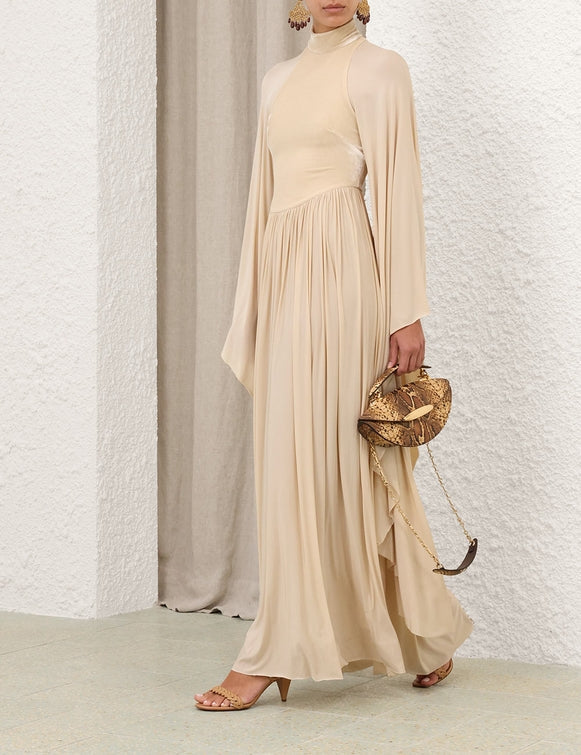 Beige Cape - Sleeve High - Neck Maxi Dress