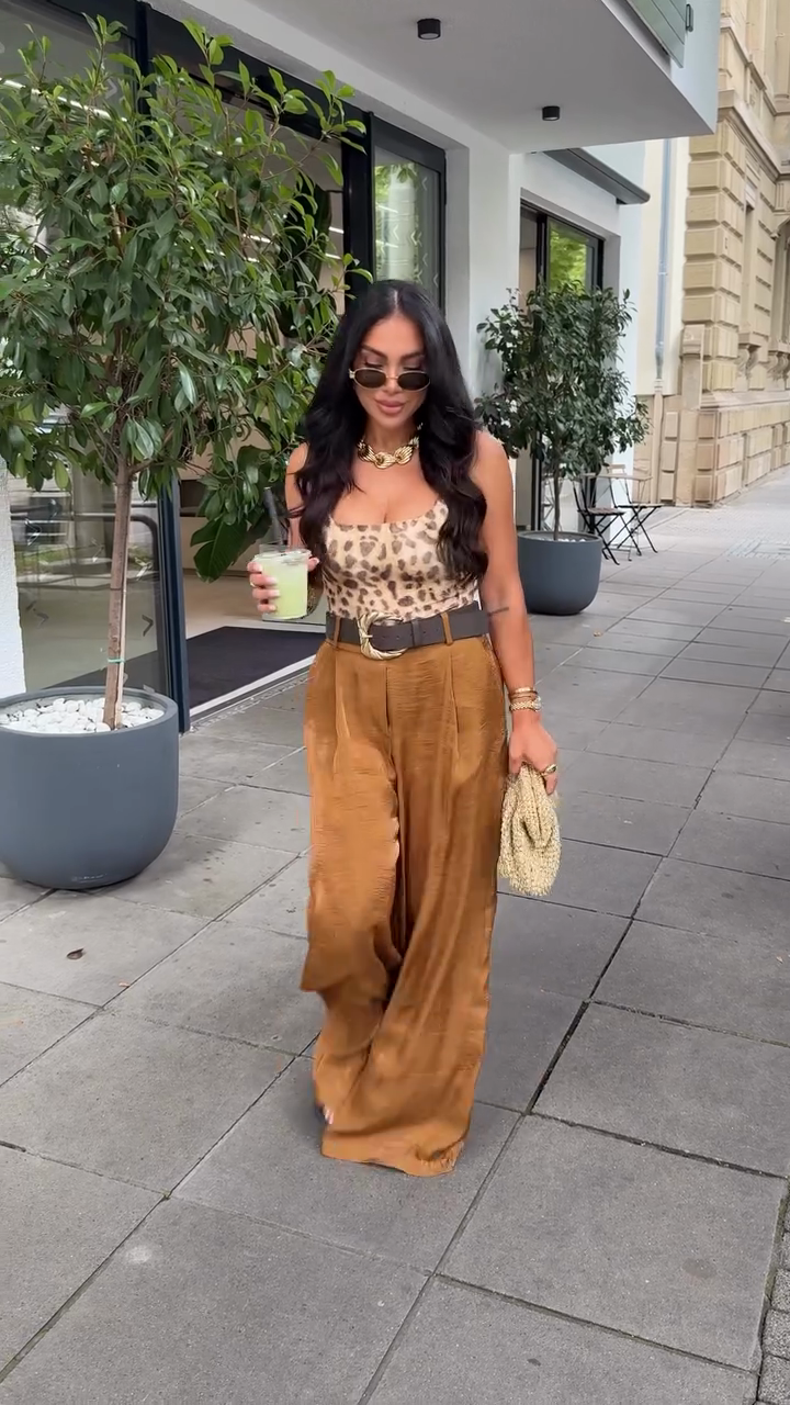 Leopard Print Crop Top & High - Waisted Wide - Leg Pants Set