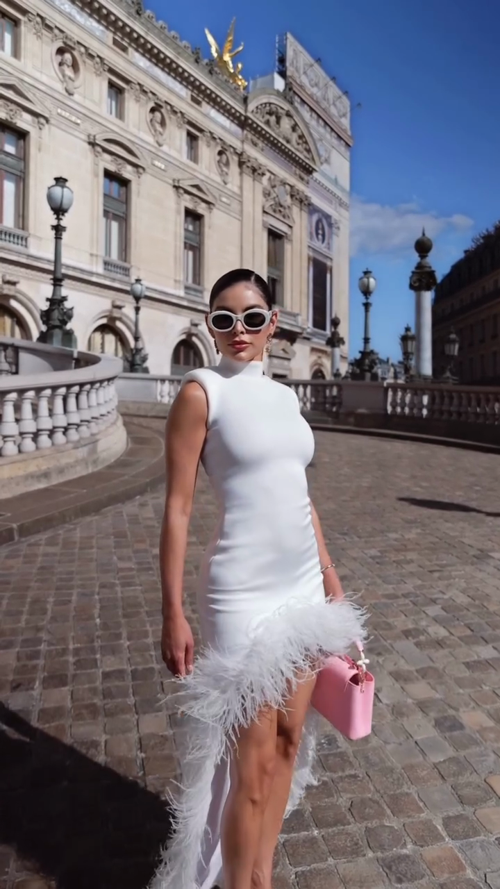 White Sleeveless Turtleneck Feather Train Mini Dress