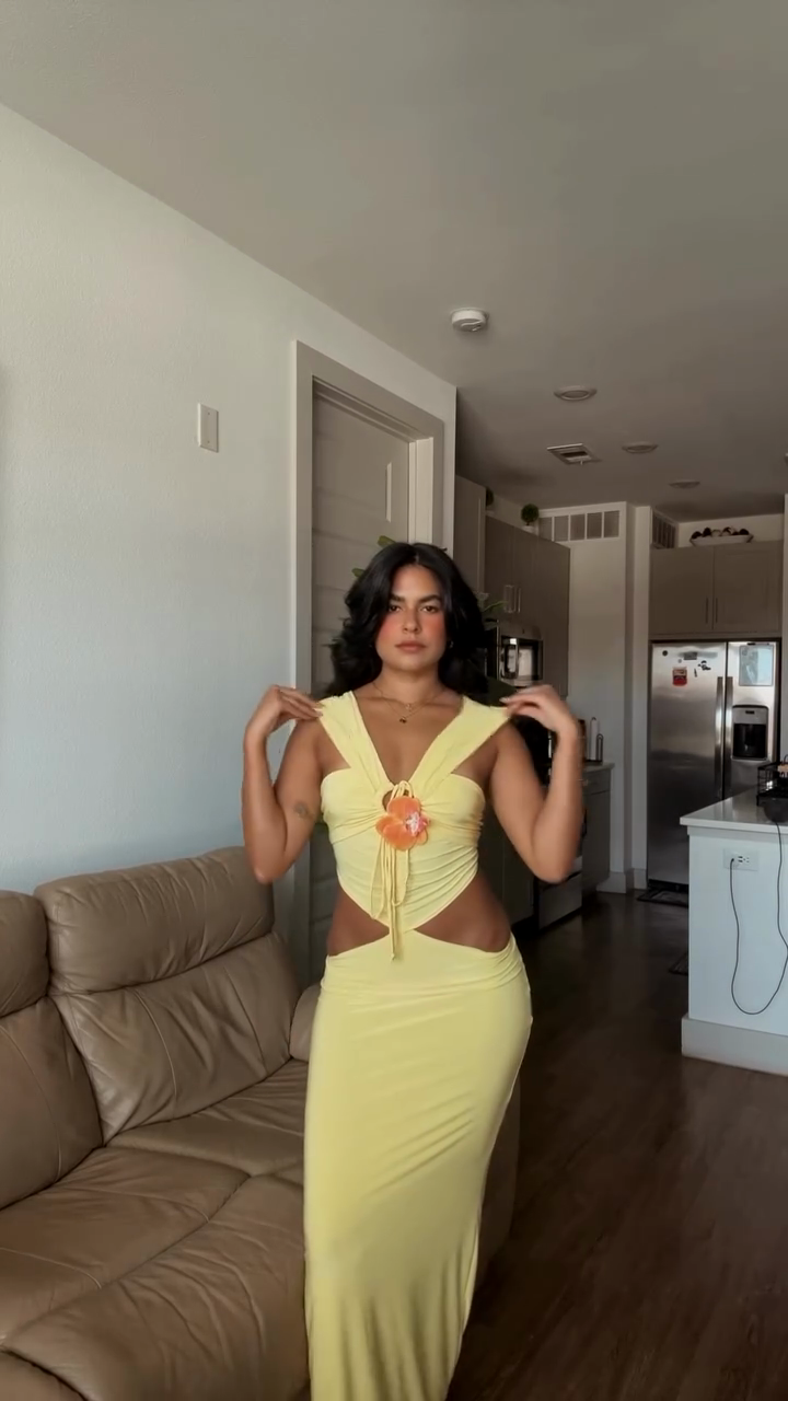 Yellow Cutout Maxi Dress with Floral Accent