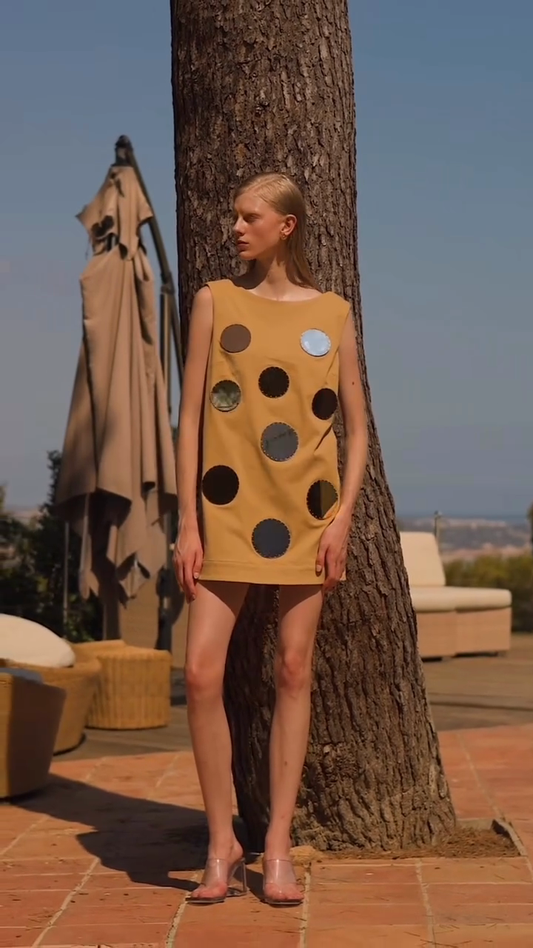 Mustard Yellow Large Circle Hollow Sleeveless Shift Dress