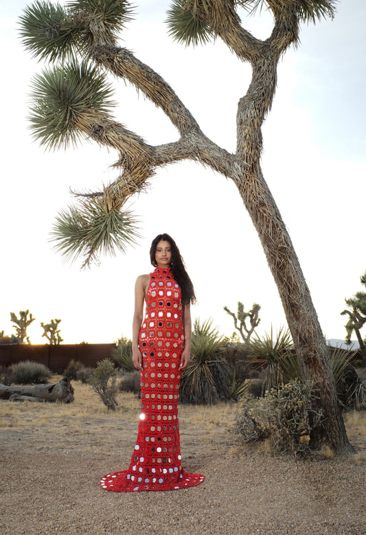 Red Crochet Mirror - Embellished Maxi Dress