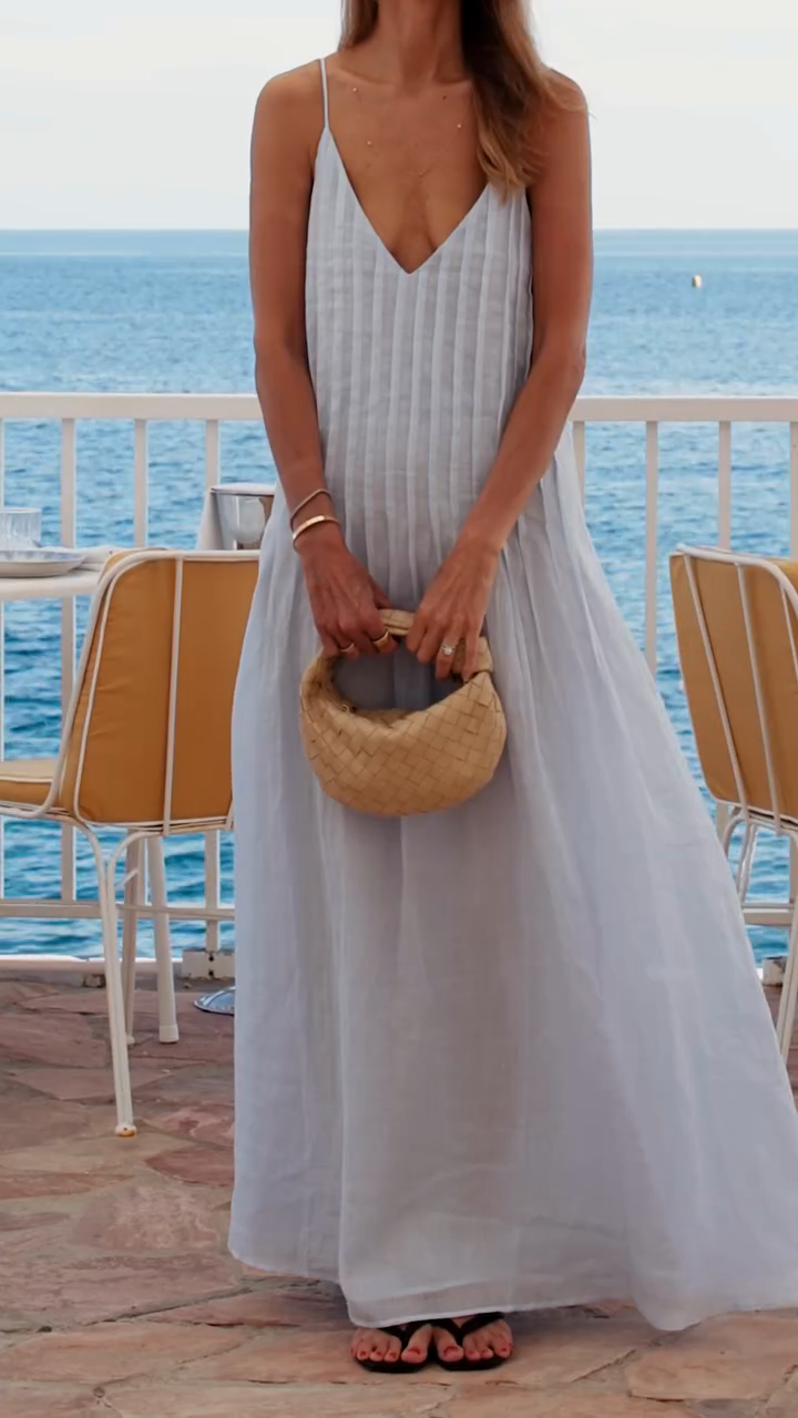 Light Blue Striped Spaghetti - Strap Maxi Dress