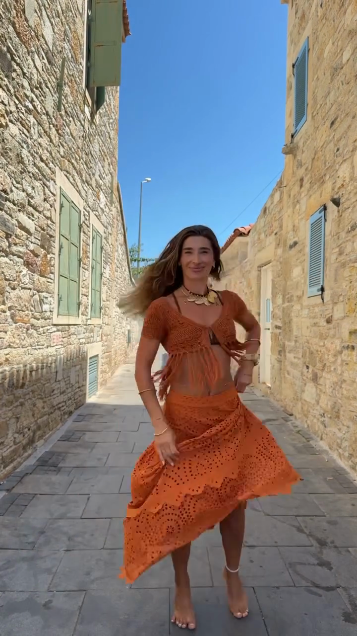 Orange Crochet Fringe Top & Eyelet Skirt Set