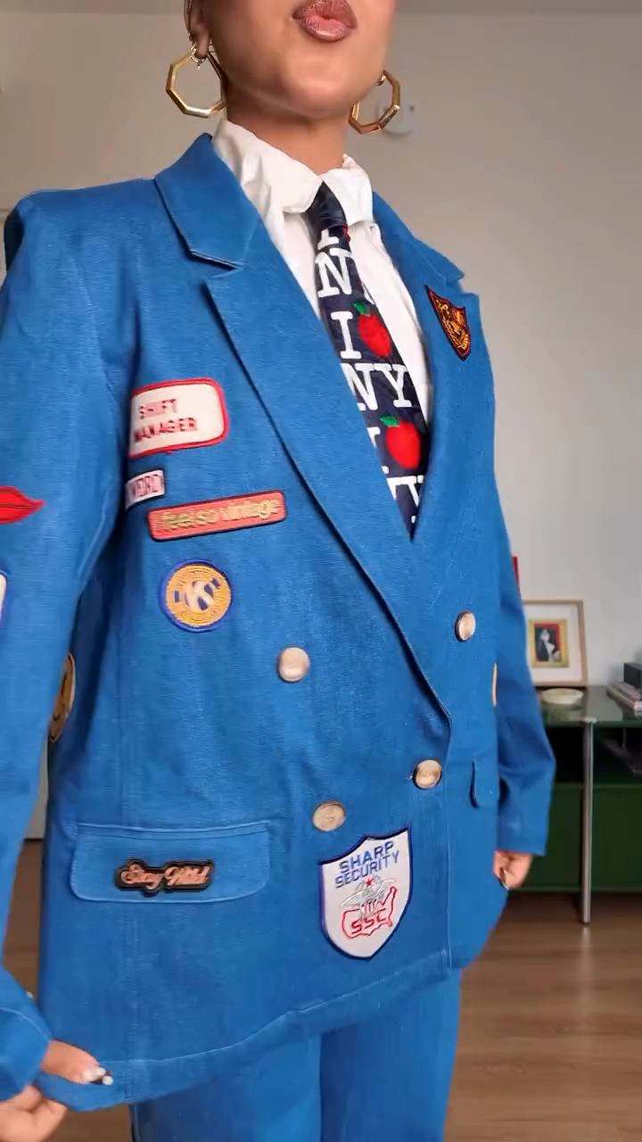 Patched Denim Blazer and Pants Set