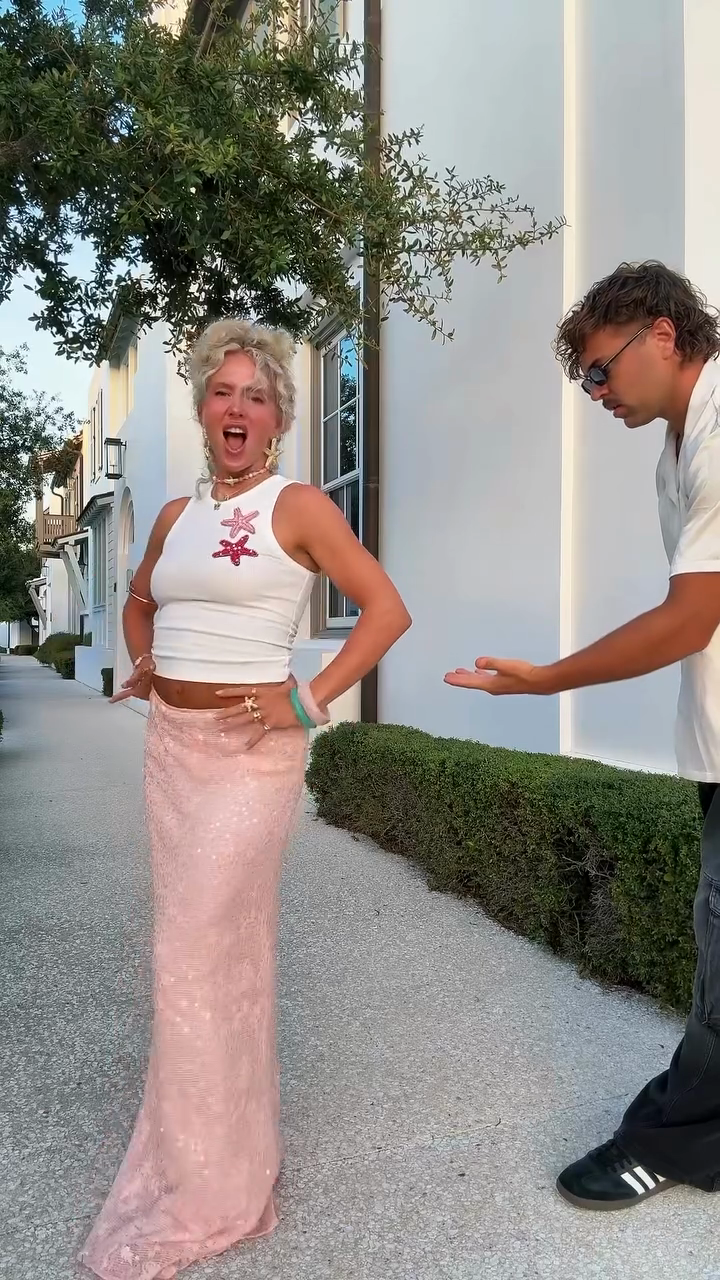 White Short Vest and Pink Sequin Skirt Set