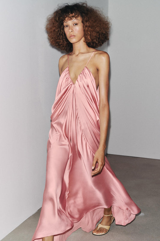 Pink Satin Halter Maxi Dress