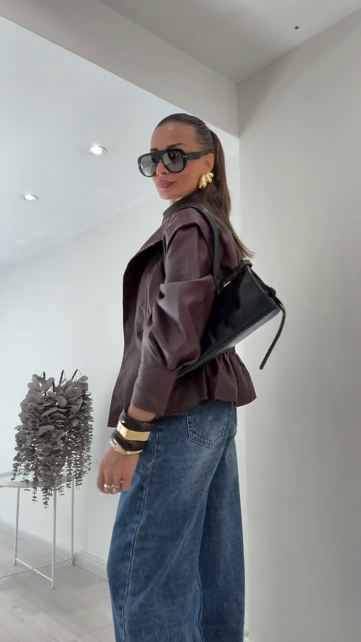 Faux Leather Peplum Jacket with Puff Sleeves