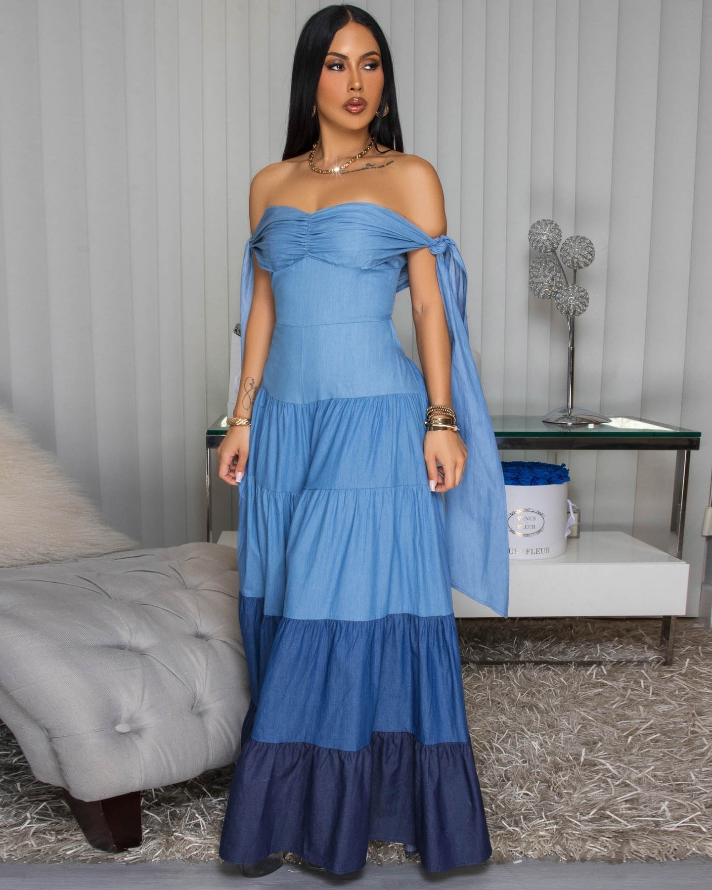 Off - the - Shoulder Ombre Denim Maxi Dress