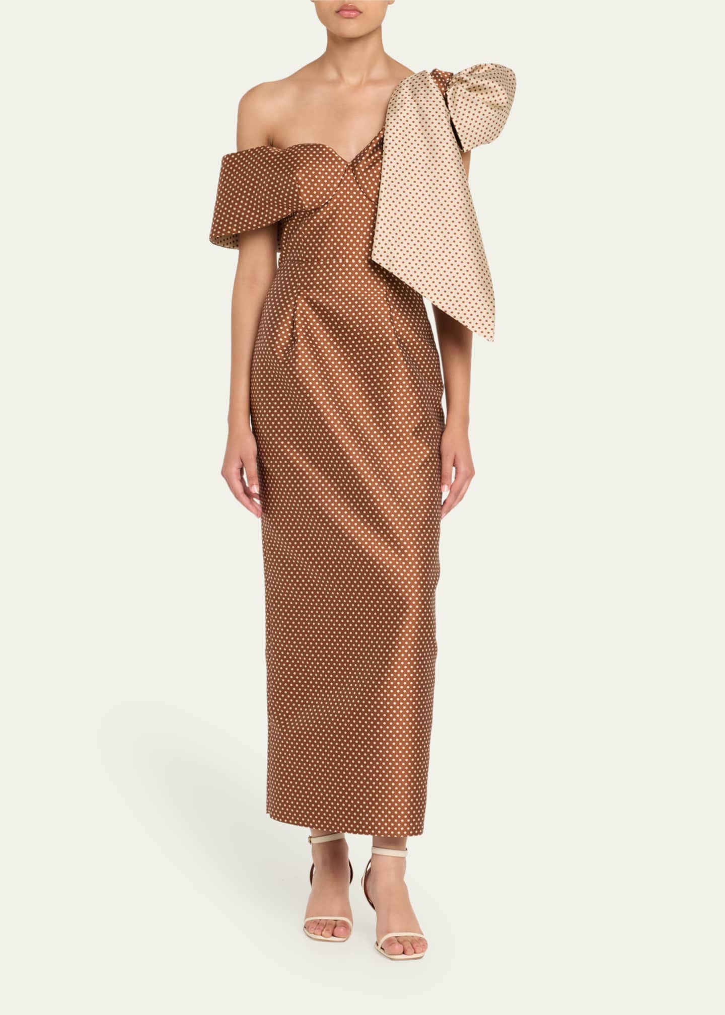 Brown Polka - Dot One - Shoulder Midi Dress with Bow Detail