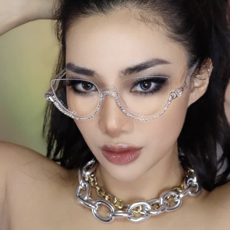 Spykay™ EG26687 Cat-Eye Frame Rhinestone Decor Semi-Rimless Glasses