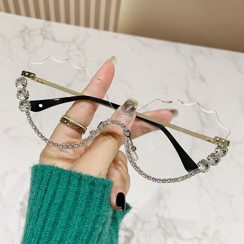 Spykay™ EG26759 Rhinestone Decor Wave Frame Oversized Rimless Eyeglasses
