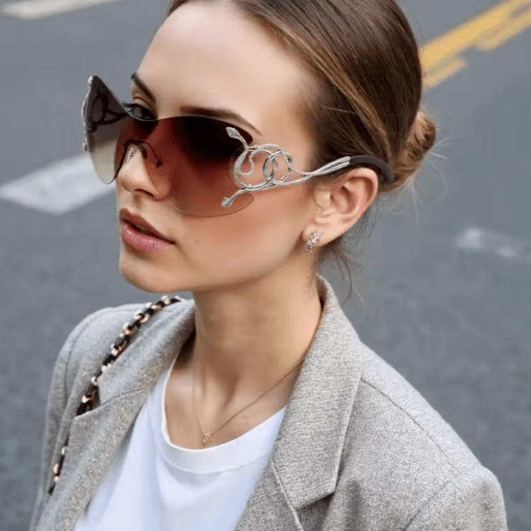 Spykay™ SG60904 Snake Design Temples One-piece Rimless Y2K Sunglasses