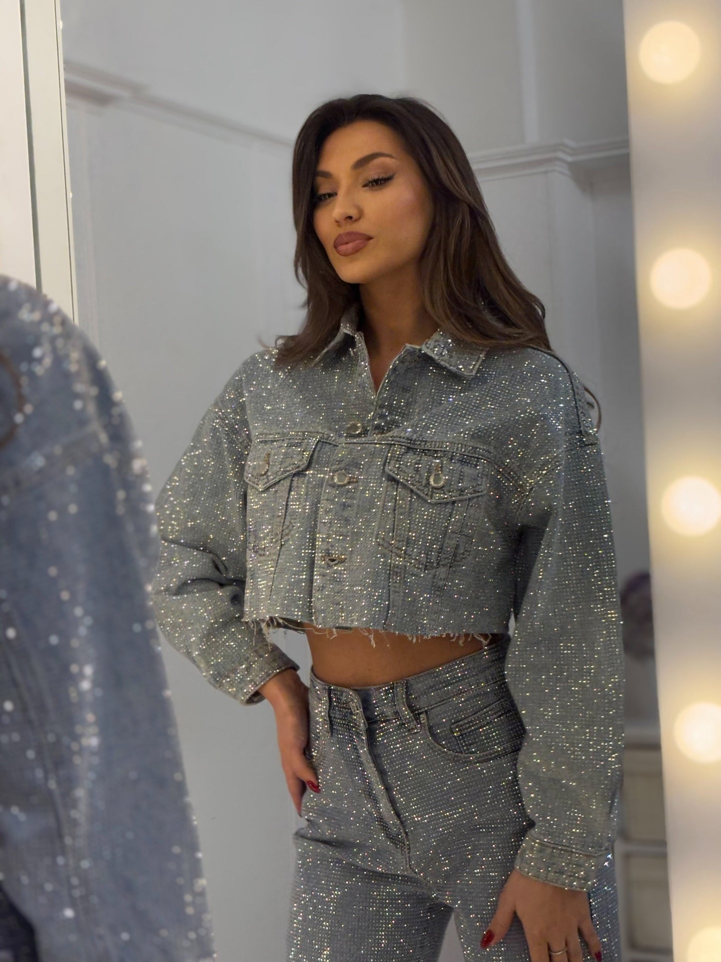 Silver Sequin Denim Crop Jacket & Pants Set