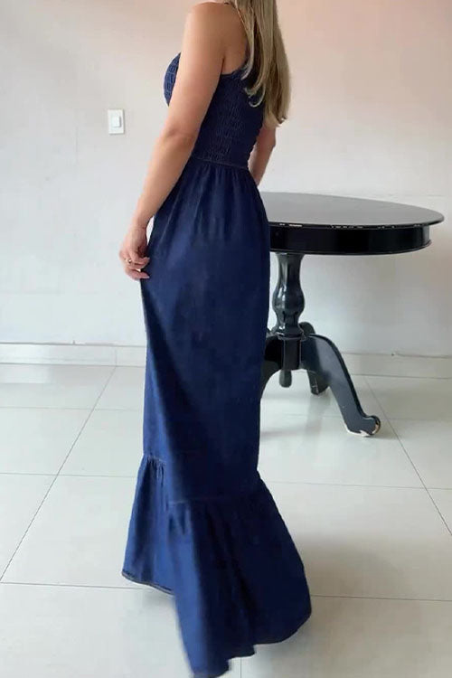 One - Shoulder Smocked Denim Maxi Dress