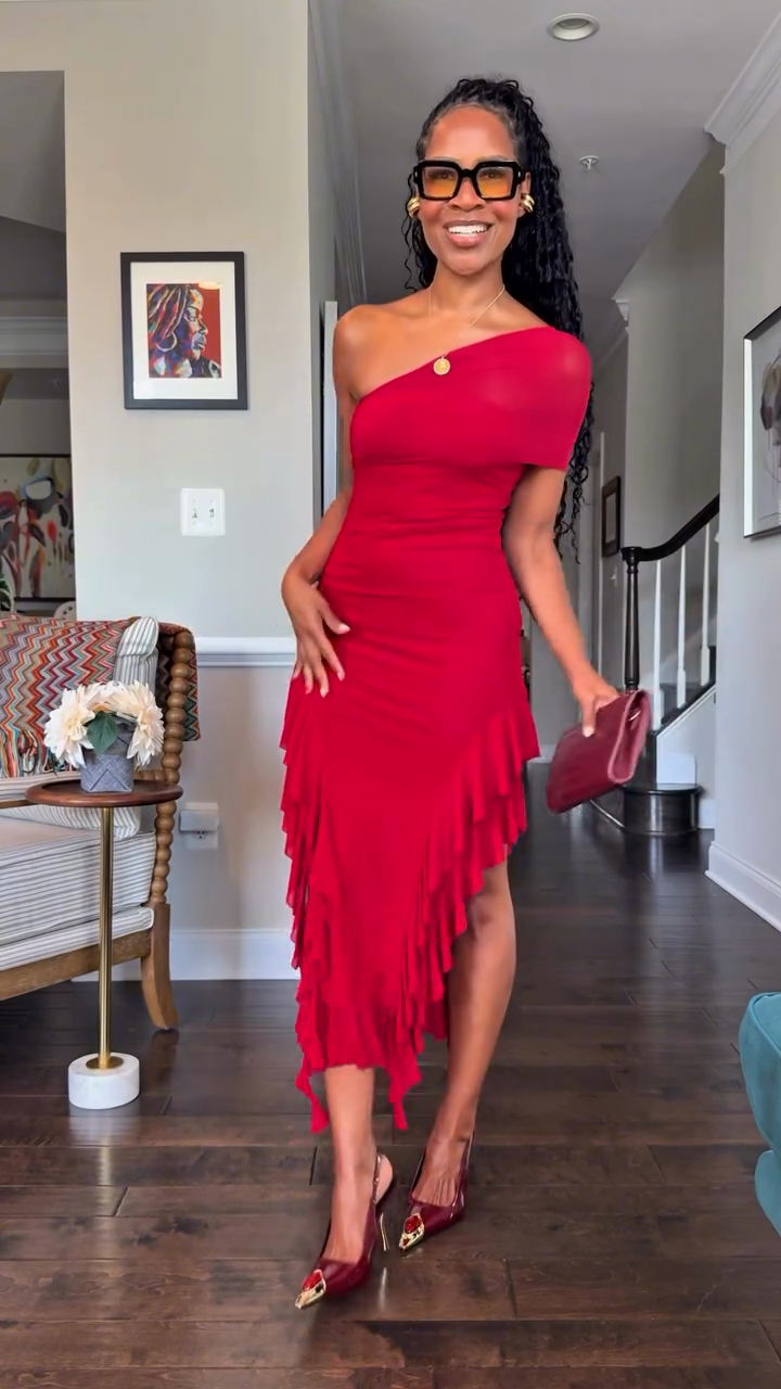 One - shoulder Ruffled Midi Dress