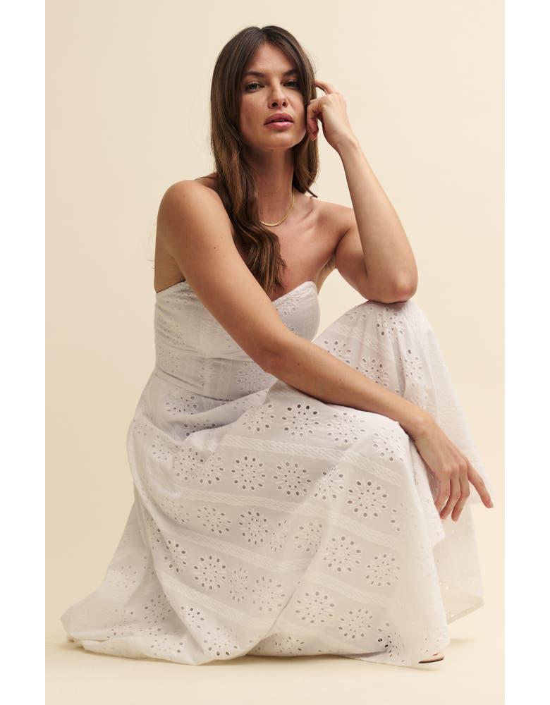 White Eyelet Embroidered Strapless Midi Dress