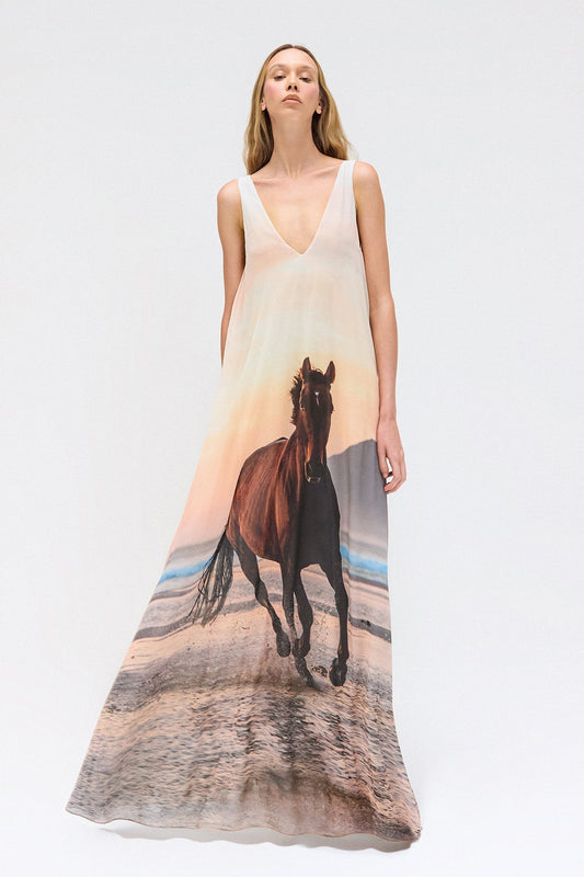 V - Neck Maxi Dress with Horse Print
