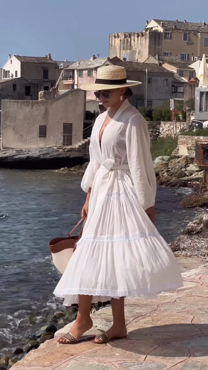 White Embroidered Maxi Dress with Belt