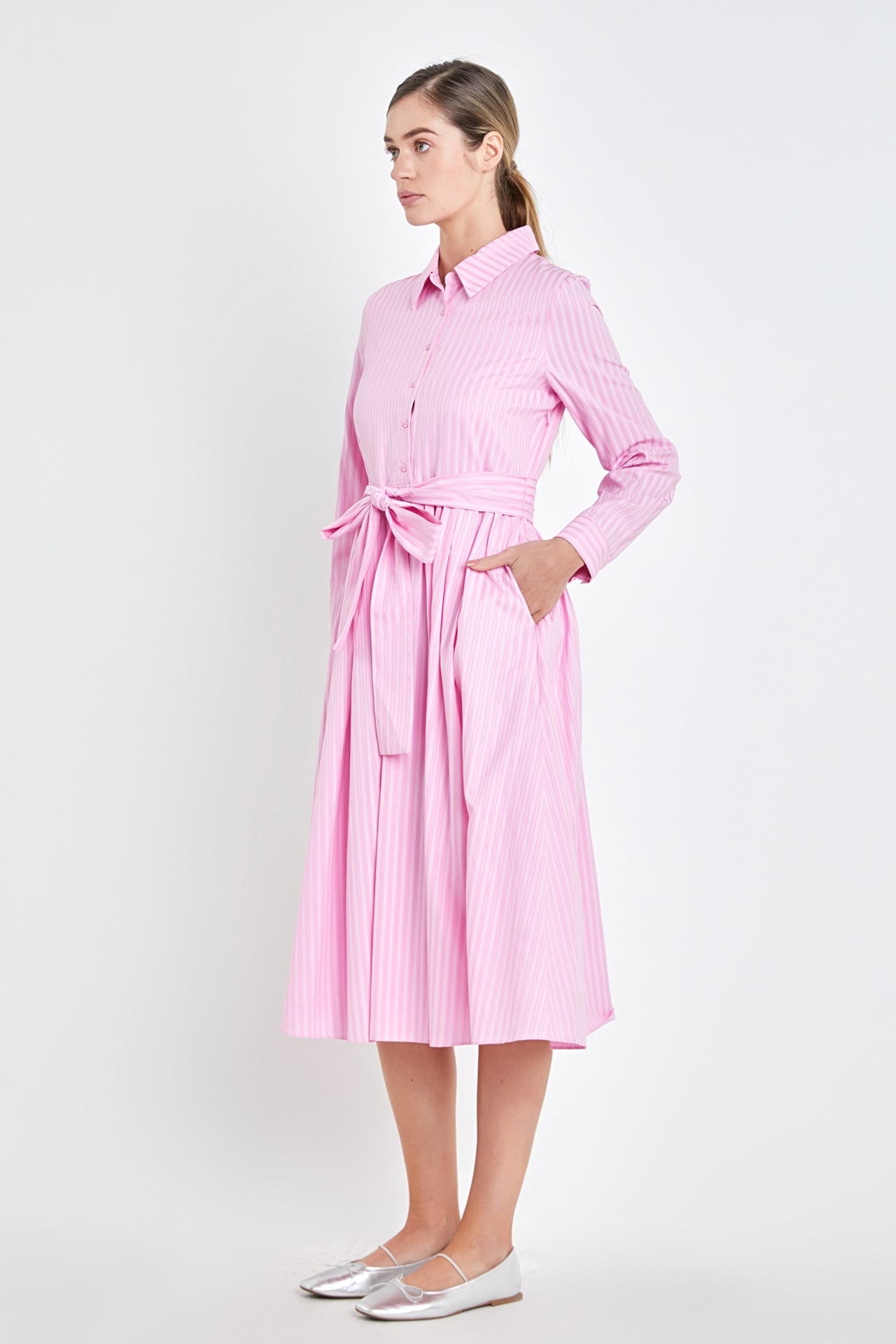 Pink Striped Shirt Dress with Belt