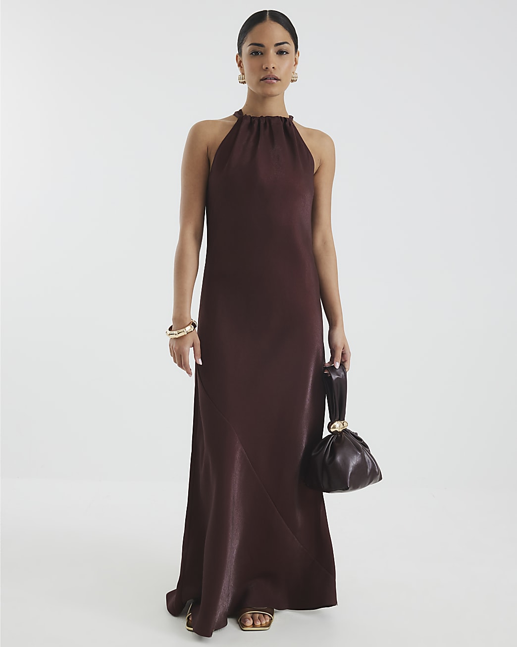 Satin Halter Neck Maxi Dress with Abstract Print