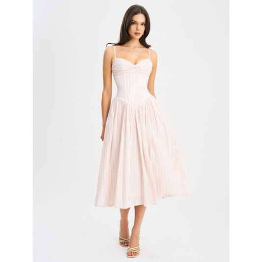 Pink Striped Sweetheart Neck Spaghetti Strap Midi Dress